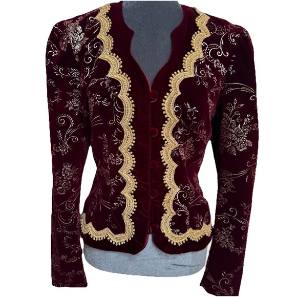 Jessica McClintock Jackets & Blazers - Vtg 80s J McClintock Blazer Burgundy Gold Velvet‎ Victorian Regencycore Boho
